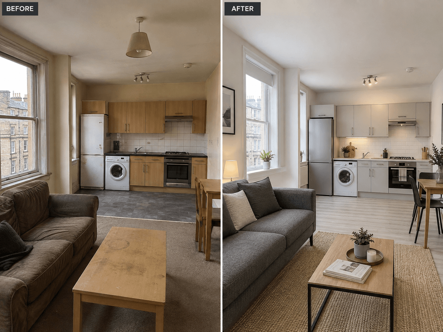 Before and after comparison of a property refurbished for letting